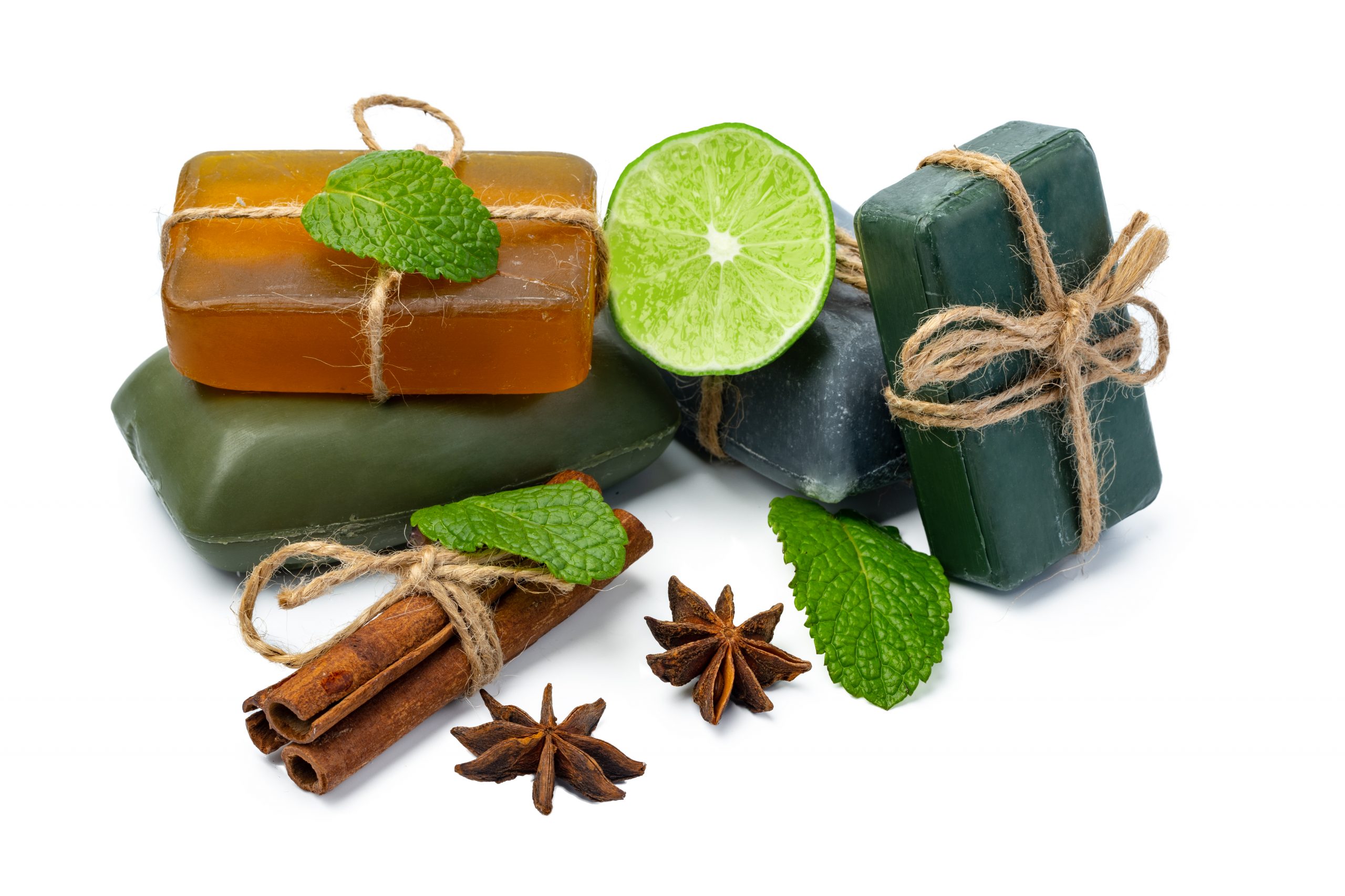 Natural organic soap bars isolated on white background